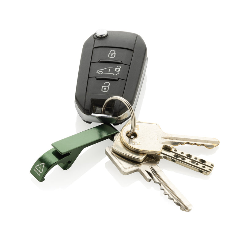 Load image into Gallery viewer, Recycled aluminum bottle and can opener attached to XD Collection lanyard, eco-friendly keychain accessory.