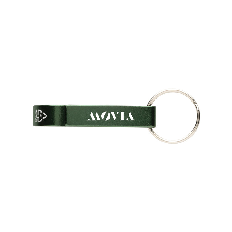 Load image into Gallery viewer, Recycled aluminum bottle and can opener attached to XD Collection lanyard, eco-friendly keychain with metal tool and branding.