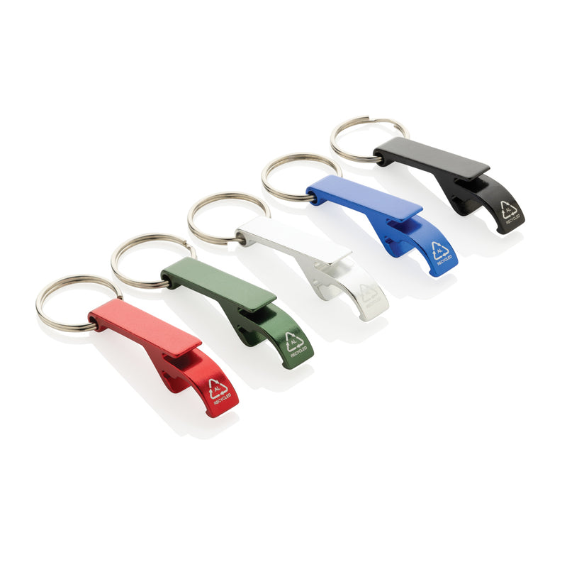 Load image into Gallery viewer, XD Collection RCS recycled aluminum bottle and can opener attached to a lanyard, showcasing eco-friendly metal design and keychain style.