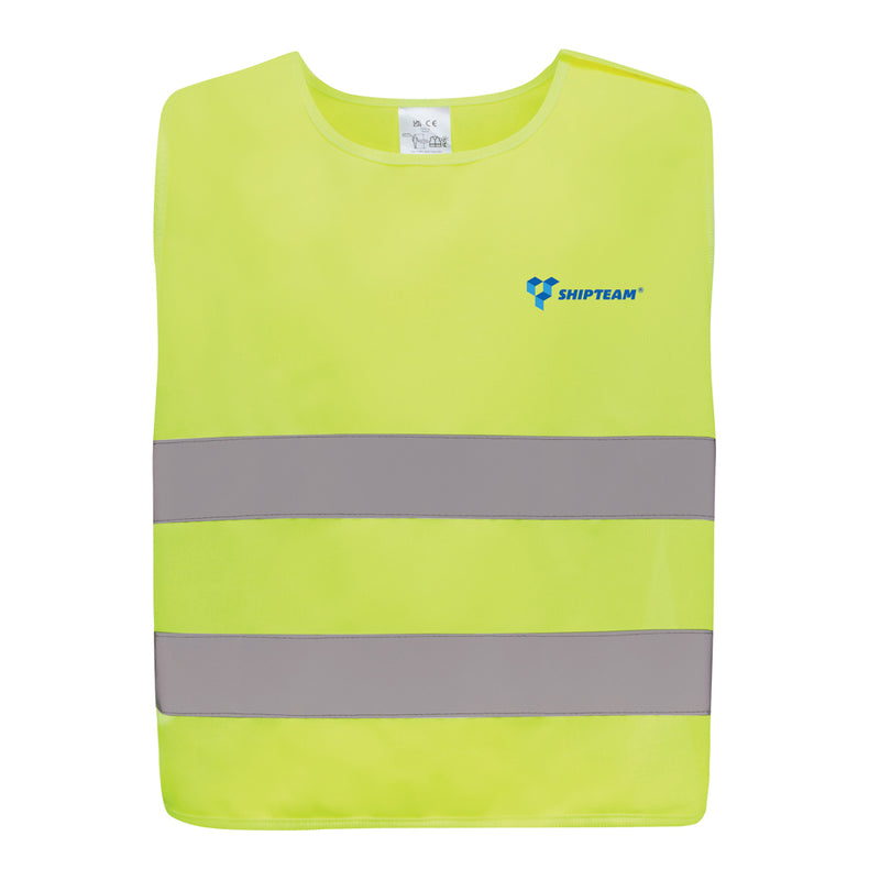Load image into Gallery viewer, High-visibility safety vest for kids aged 7-12 by XD Collection, made from recycled PET plastic, featuring bright safety colors.