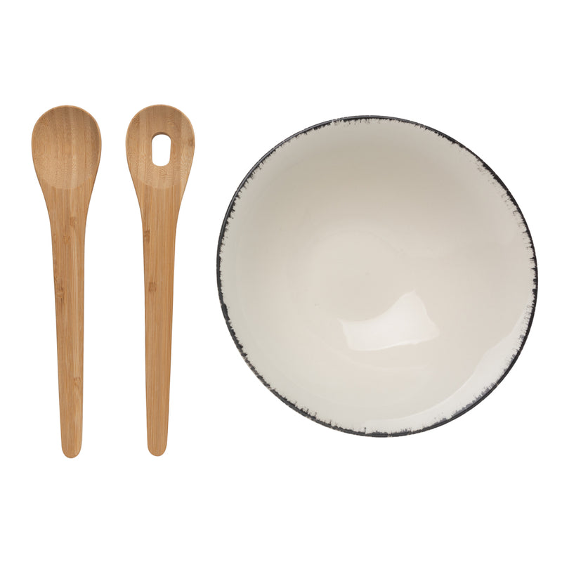 Load image into Gallery viewer, Ukiyo salad bowl with bamboo salad servers, round ceramic bowl for fresh salads, natural wood utensils for serving and tossing.