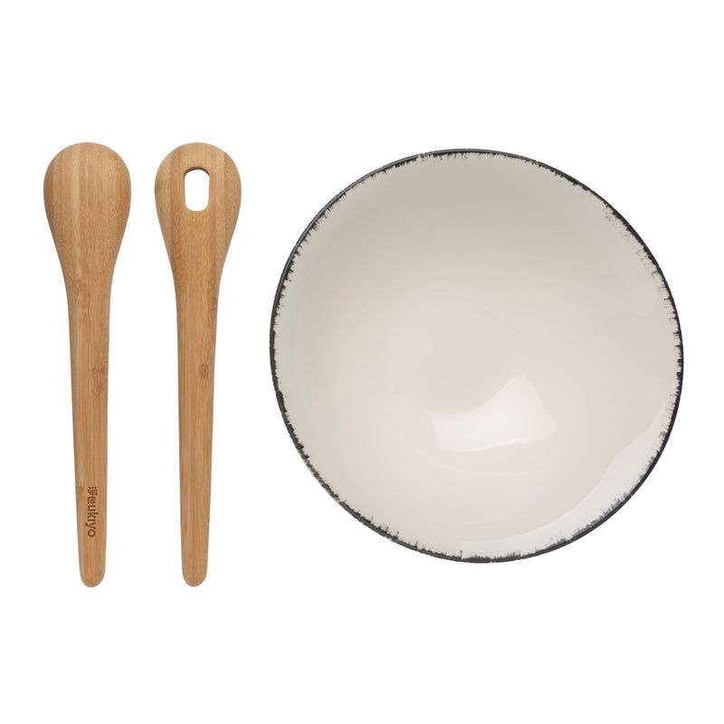 Load image into Gallery viewer, Ukiyo salad bowl with matching bamboo salad servers, made of durable material, ideal for serving fresh salads in home and living settings.