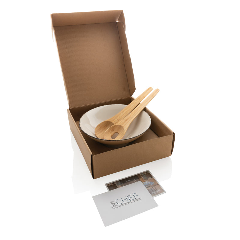 Load image into Gallery viewer, Ukiyo salad bowl with bamboo salad servers, large ceramic serving bowl perfect for fresh salads and casual dining.