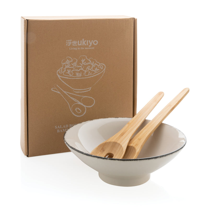 Load image into Gallery viewer, Ukiyo salad bowl with bamboo salad server set for serving fresh salads in modern home and kitchen decor.