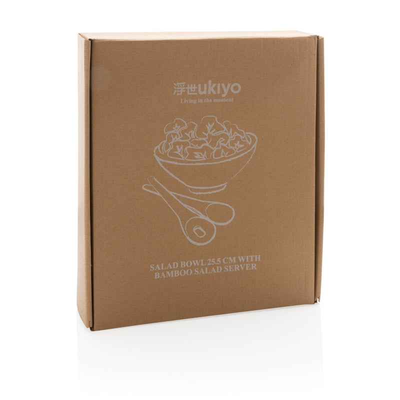 Load image into Gallery viewer, Ukiyo salad bowl with bamboo salad server set, round ceramic bowl for serving salads in a stylish home dining setting.