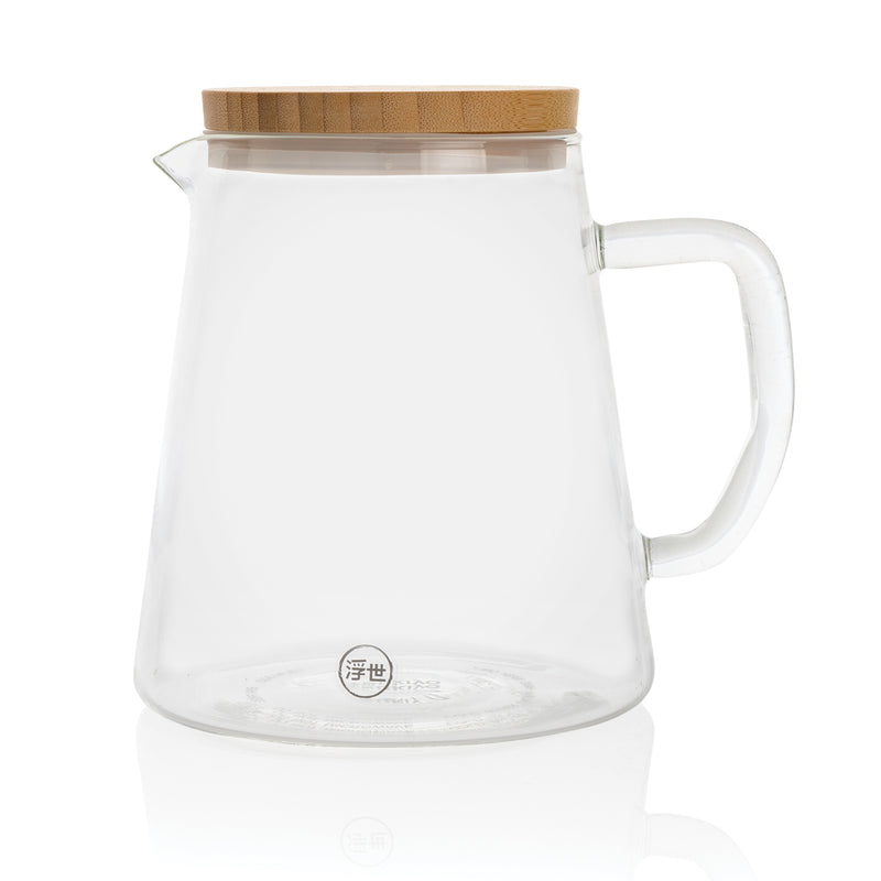 Load image into Gallery viewer, Borosilicate glass carafe with bamboo lid by Ukiyo, 1.2L drinkware for serving beverages in a stylish, natural design