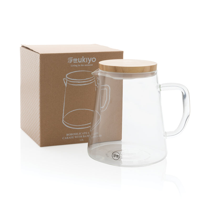 Load image into Gallery viewer, Borosilicate glass carafe with bamboo lid, 1.2L, Ukiyo drinkware for serving beverages in stylish, durable glass container