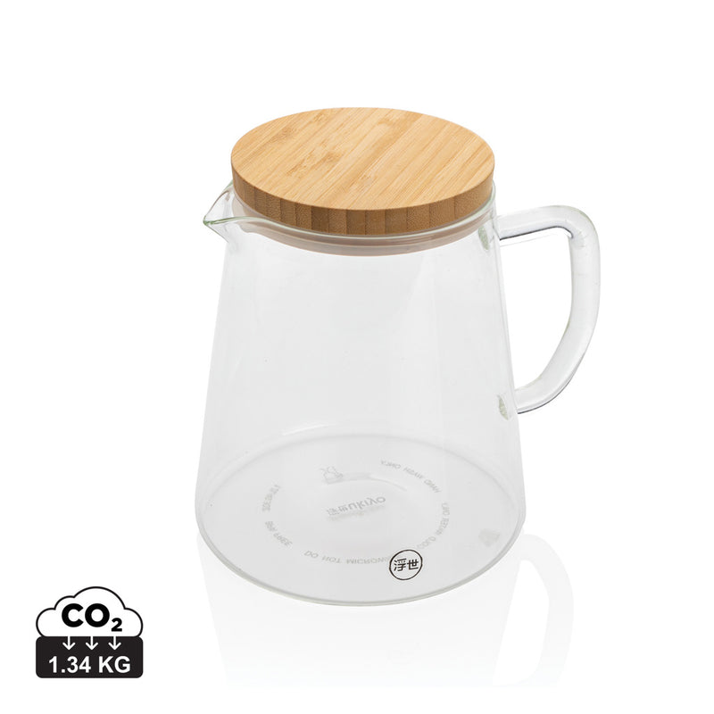 Load image into Gallery viewer, Ukiyo borosilicate glass carafe with bamboo lid, 1.2L, showcasing clear glass and natural bamboo handle for stylish drinkware.