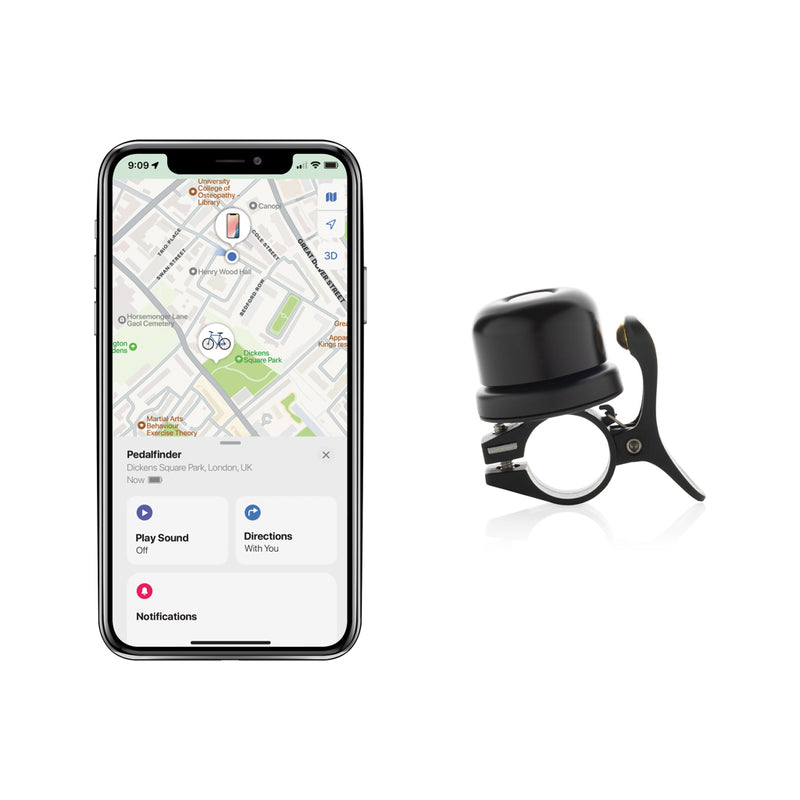 Load image into Gallery viewer, XD Collection Bike Finder Dual RCS bike bell with worldwide locating feature on a bike handlebar.