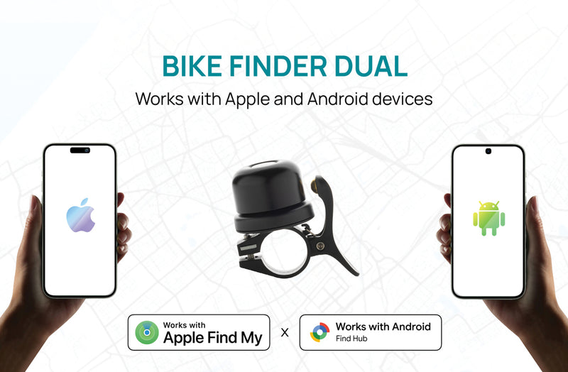 Load image into Gallery viewer, XD Collection Bike Finder Dual RCS bike bell with worldwide locating feature on phone and tablet accessory, showing the bell and device in use.