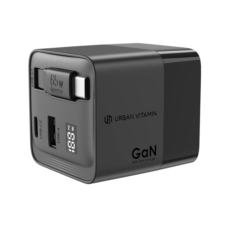 Load image into Gallery viewer, Urban Vitamin Mendocino 65W GaN charger with retractable cable for phones and tablets, compact and portable accessory.