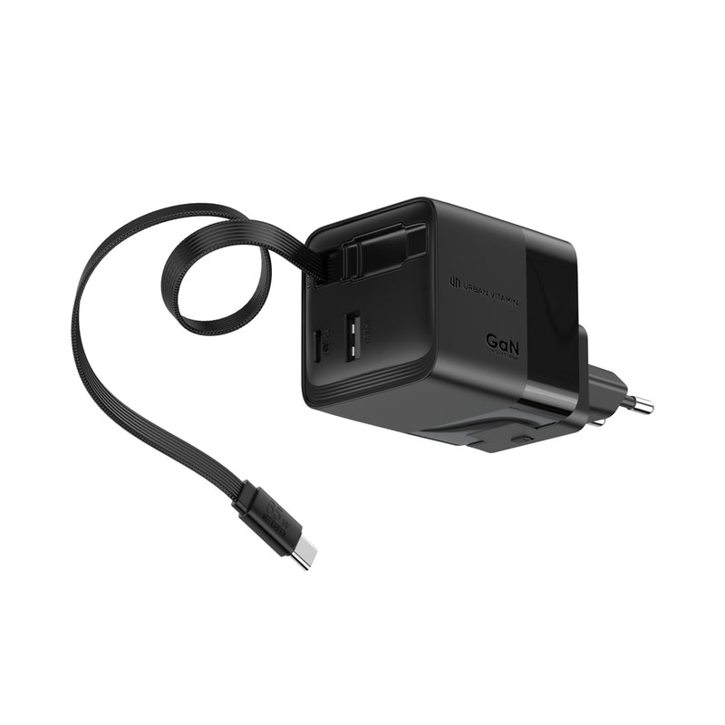 Load image into Gallery viewer, Urban Vitamin Mendocino 65W GaN charger with retractable cable for phones and tablets, compact and portable accessory.
