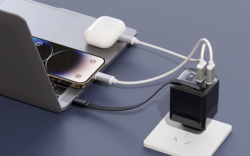 Load image into Gallery viewer, Urban Vitamin Mendocino 65W GaN charger with retractable cable for phones and tablets, compact and lightweight accessory.