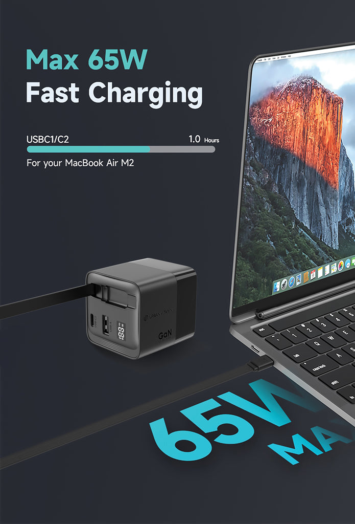 Load image into Gallery viewer, Urban Vitamin Mendocino 65W GaN charger with retractable cable for phones and tablets, compact and efficient fast charging accessory.