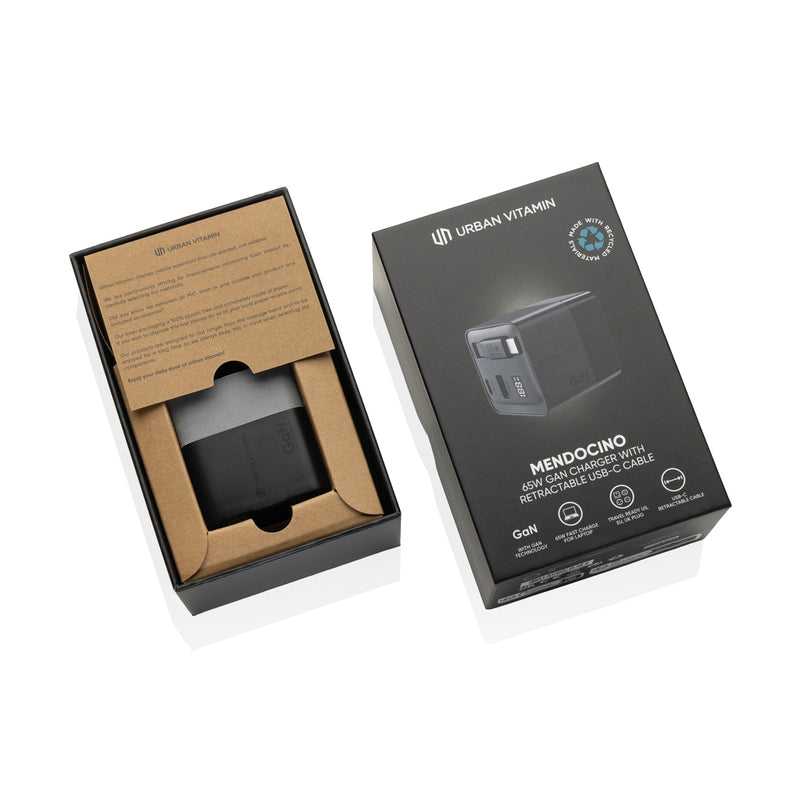 Load image into Gallery viewer, Urban Vitamin Mendocino 65W GaN charger with retractable cable for phones and tablets, compact and portable accessory.