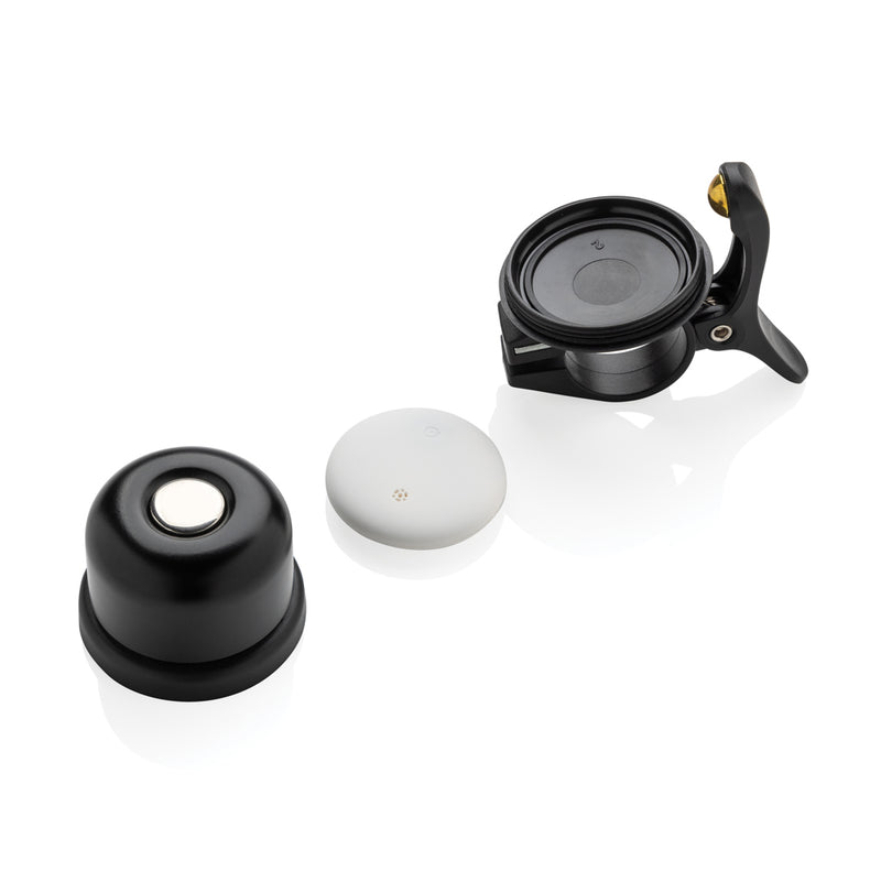 Load image into Gallery viewer, XD Collection Pedalfinder bike bell with worldwide location feature, mounted on bike handlebar, showing sleek design and branding.