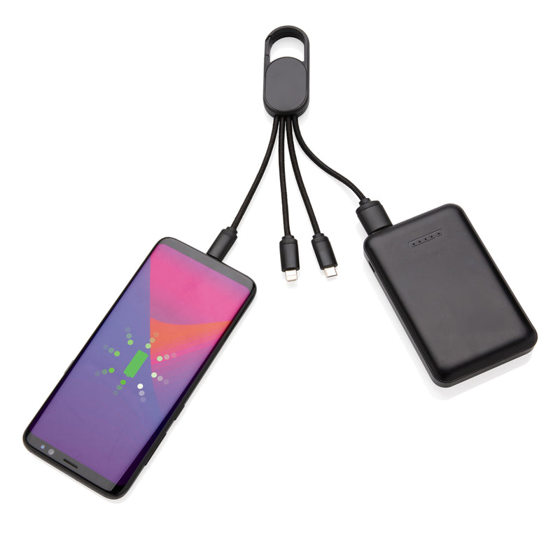 Load image into Gallery viewer, XD Collection 4-in-1 cable with carabiner clip for phone and tablet charging and data transfer, compact and versatile accessory.
