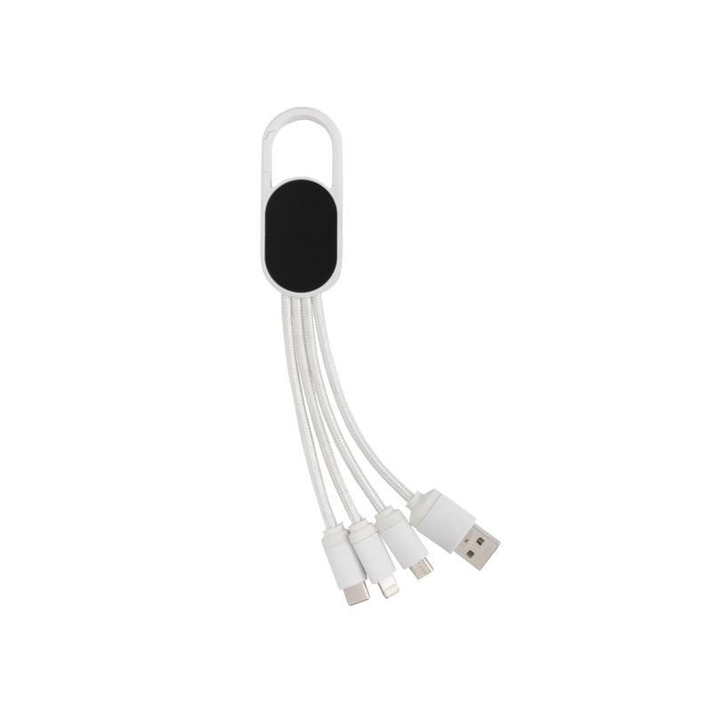 Load image into Gallery viewer, XD Collection 4-in-1 cable with carabiner clip for phone and tablet charging and data transfer, shown with attached connectors.