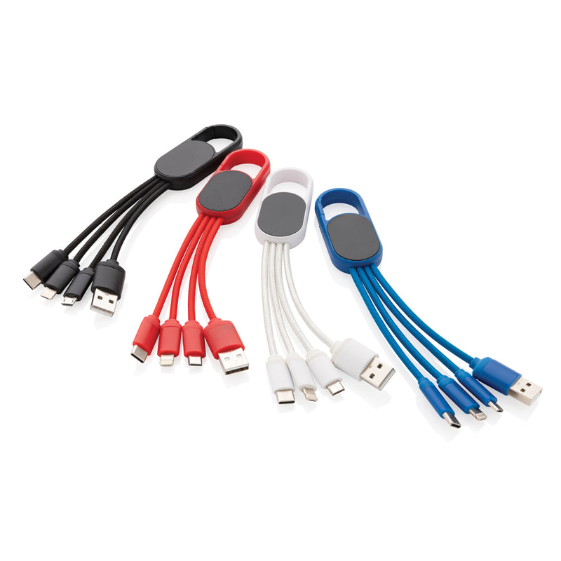 Load image into Gallery viewer, XD Collection 4-in-1 cable with carabiner clip for phone and tablet charging and data transfer, compact and versatile accessory.