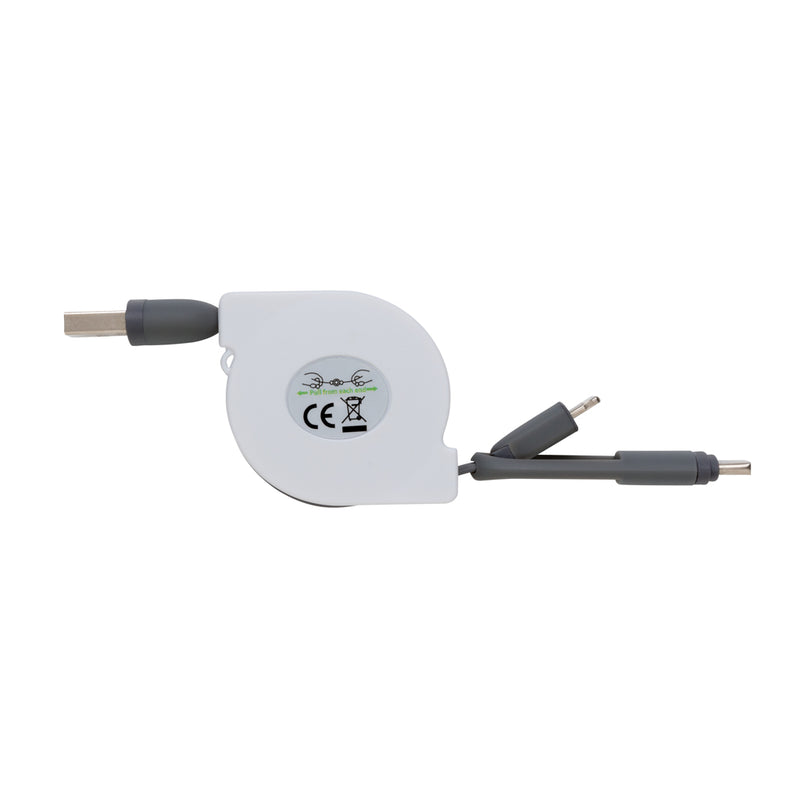 Load image into Gallery viewer, XD Collection 3-in-1 retractable cable for phone and tablet accessories, showing compact design with multiple charging options.