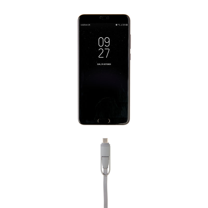 Load image into Gallery viewer, XD Collection 3-in-1 retractable cable for phones and tablets, showing USB-C, Lightning, and Micro USB connectors in a compact design.