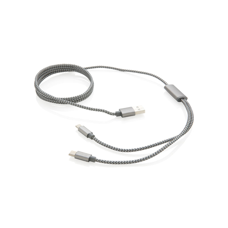 Load image into Gallery viewer, XD Collection 3-in-1 braided phone and tablet charging cable with multiple connectors, durable design, and flexible braided cord.