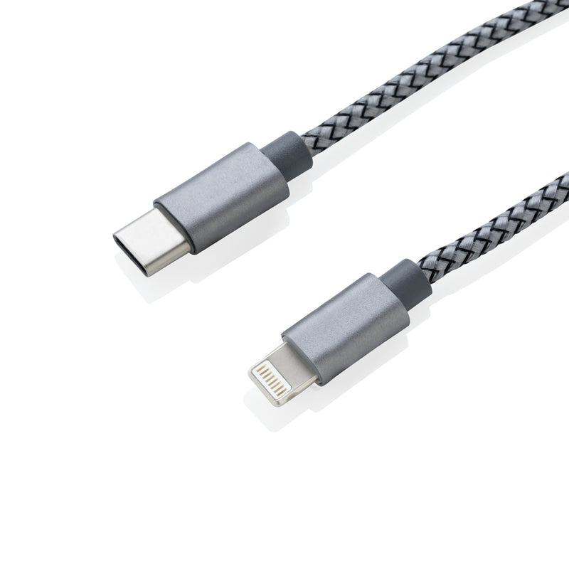 Load image into Gallery viewer, Braided 3-in-1 phone and tablet charging cable from XD Collection with USB, Lightning, and USB-C connectors in black and red.