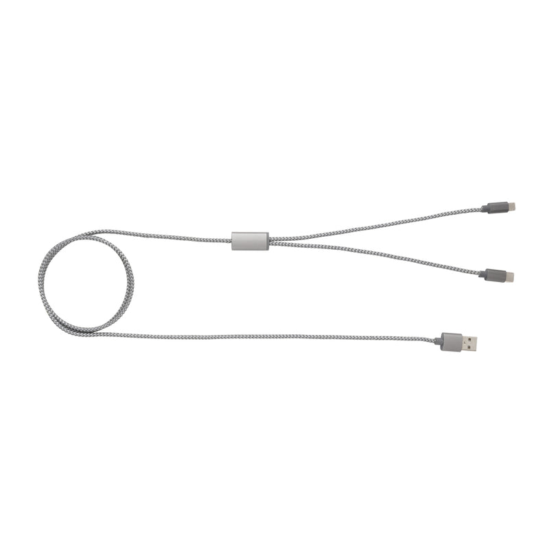 Load image into Gallery viewer, Braided 3-in-1 phone and tablet charging cable by XD Collection with multiple connector types for versatile device compatibility.