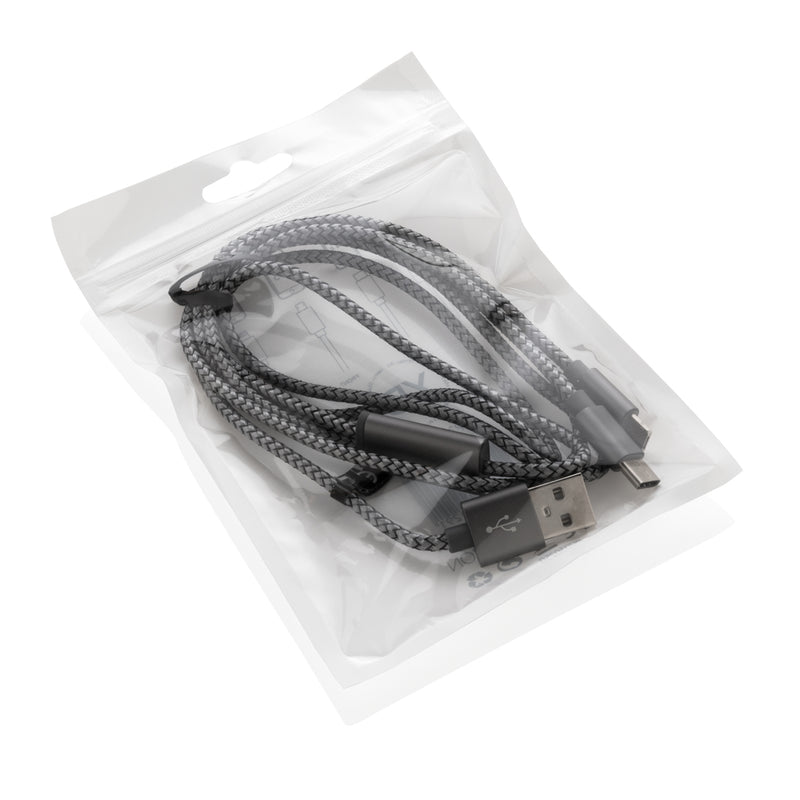 Load image into Gallery viewer, Braided 3-in-1 phone and tablet charging cable by XD Collection featuring multiple connectors and durable design.