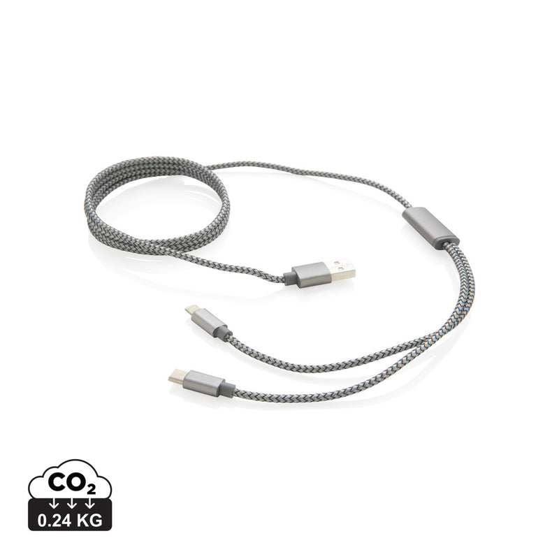Load image into Gallery viewer, XD Collection 3-in-1 braided cable for phone and tablet charging and data transfer, showing multiple connectors on a coiled cable.