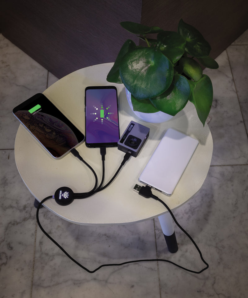Load image into Gallery viewer, Light up logo 6-in-1 cable for phone and tablet accessories by XD Collection, featuring multiple charging connectors and illuminated logo.