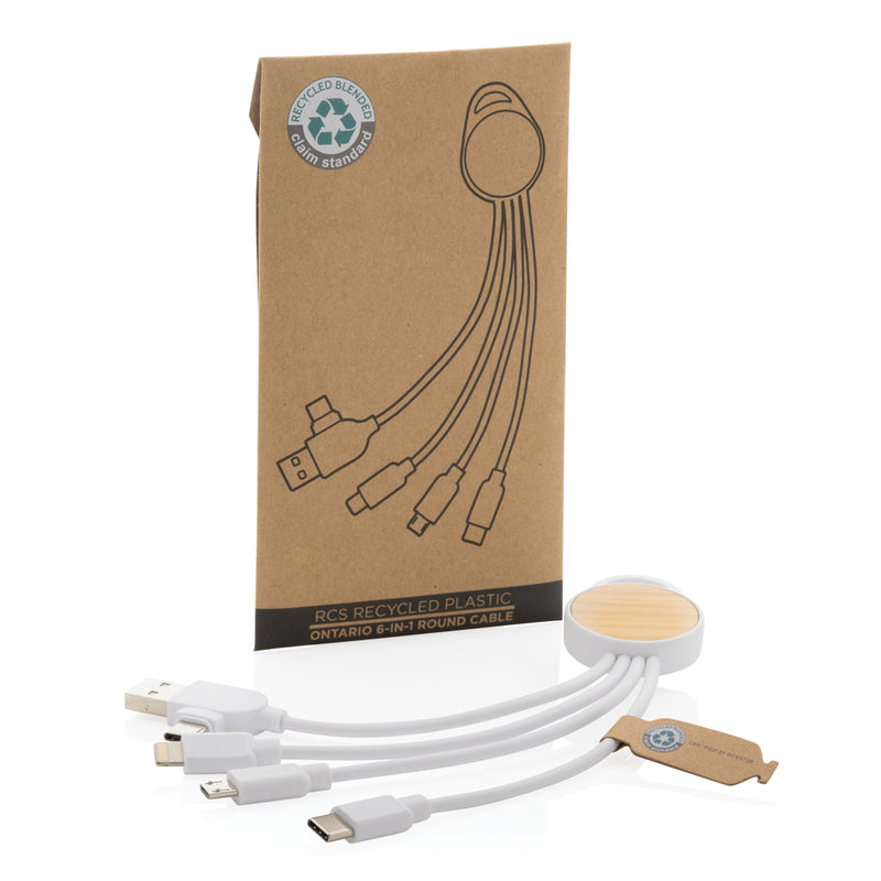 Load image into Gallery viewer, XD Collection RCS recycled plastic Ontario 6-in-1 round phone and tablet cable accessory with multiple connectors.