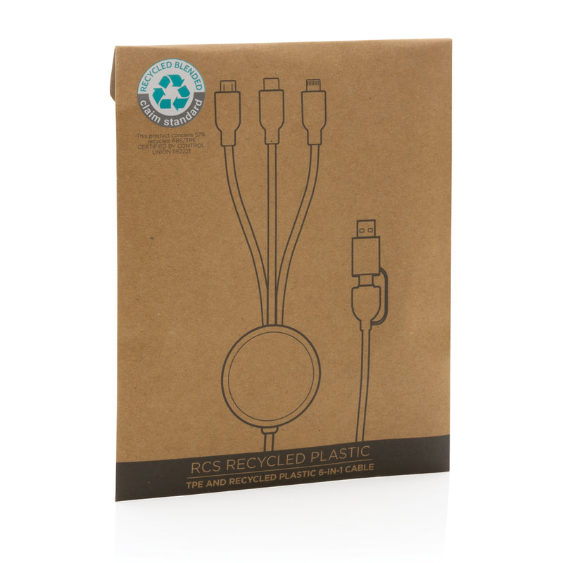 Load image into Gallery viewer, XD Collection RCS recycled TPE and plastic 6-in-1 phone and tablet charging cable with multiple connector heads.