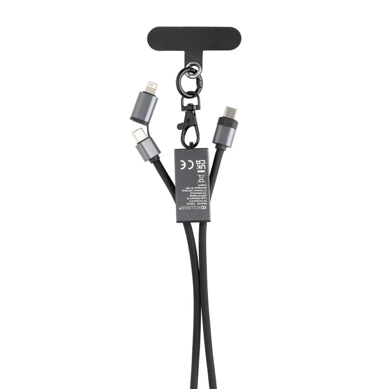 Load image into Gallery viewer, XD Xclusive Terra RCS recycled PET phone and tablet charging cable with dual 60W fast charging, black cord with connectors visible.