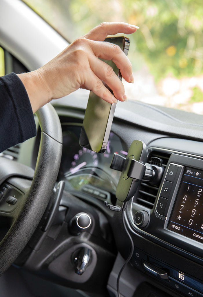 Load image into Gallery viewer, XD Collection RCS recycled plastic 10W wireless charging car holder for phones and tablets, mounted in a vehicle.