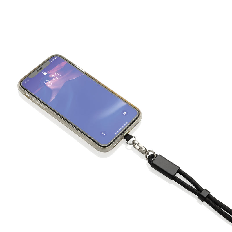 Load image into Gallery viewer, XD Collection phone wrist strap with 60W cable for fast charging, compatible with phones and tablets, shown with the accessory and cable.