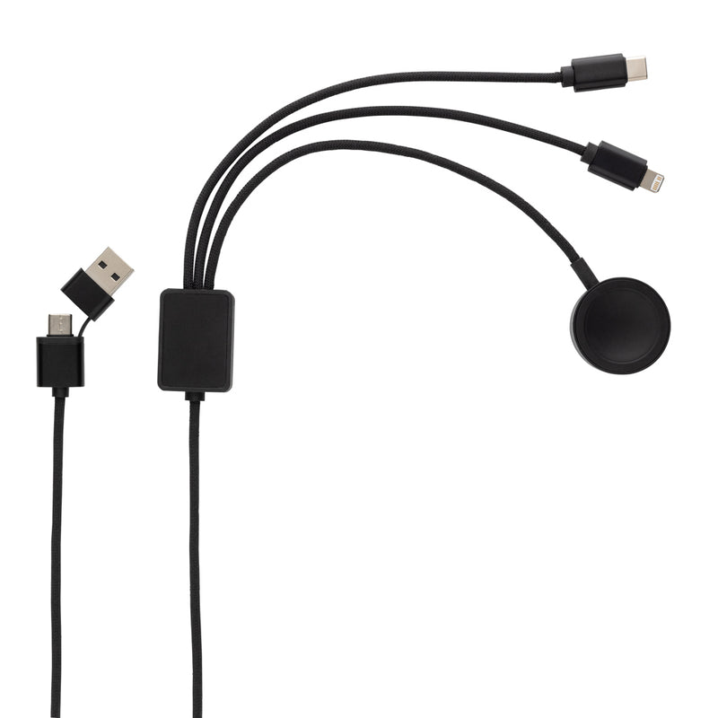 Load image into Gallery viewer, XD Xclusive Terra RCS rPET 6-in-1 charging cable with watch charger for phones and tablets, shown with multiple connectors and watch port.
