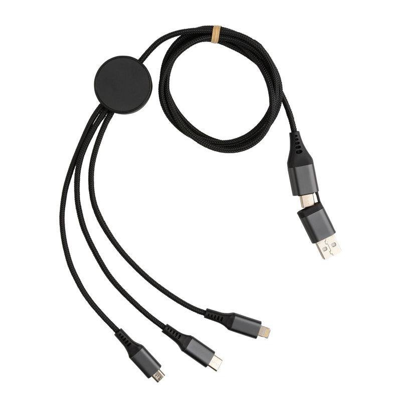 Load image into Gallery viewer, XD Xclusive Terra RCS recycled aluminium 120cm 6-in-1 cable for phones and tablets, showing the multi-functional design and recycled aluminum finish.