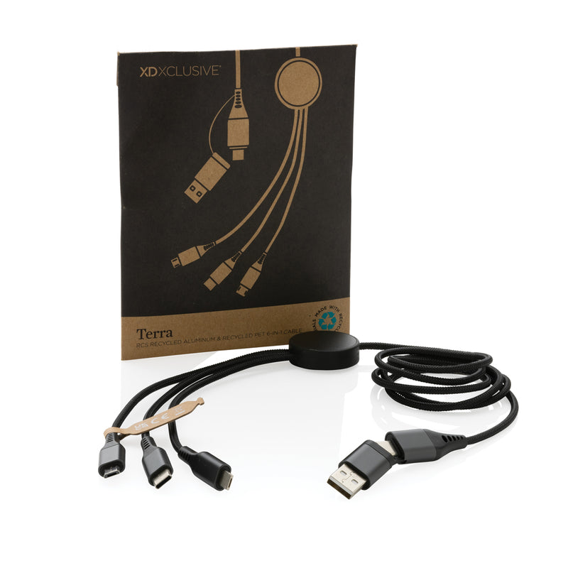 Load image into Gallery viewer, XD Xclusive Terra RCS recycled aluminum 120cm 6-in-1 phone and tablet cable with multiple connectors for versatile charging.