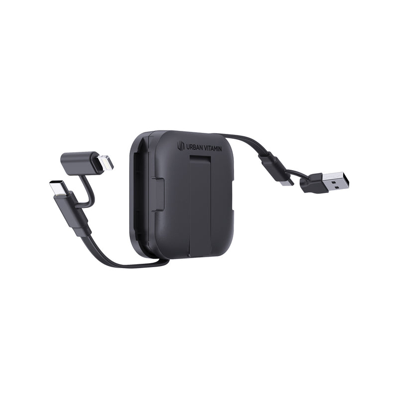 Load image into Gallery viewer, Urban Vitamin San Jose 100W stand for phone and tablet with retractable cable, black plastic with adjustable holder and charging port