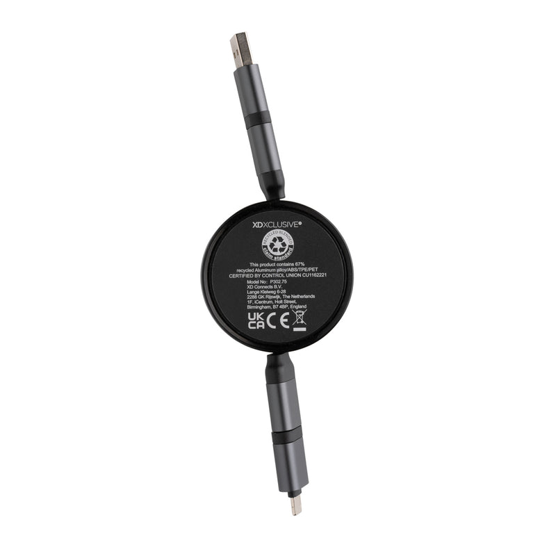 Load image into Gallery viewer, XD Xclusive Terra RCS recycled aluminium 6-in-1 45W retractable cable for phone and tablet accessories, shown coiled and extended.