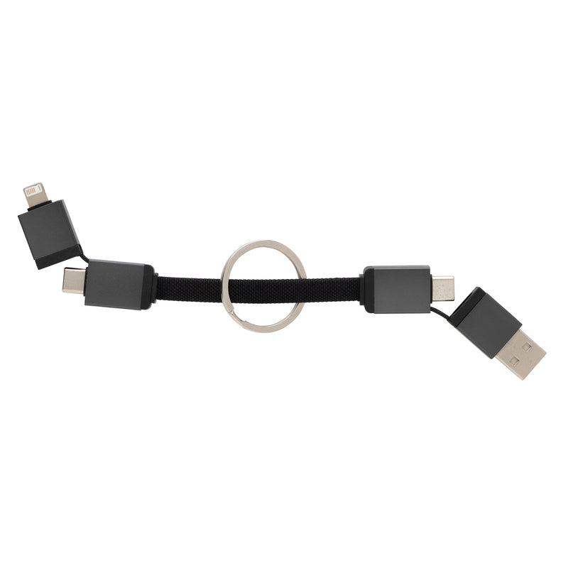Load image into Gallery viewer, XD Xclusive Terra recycled aluminum 4-in-1 60W fast charging cable for phones and tablets, with multiple connectors visible.