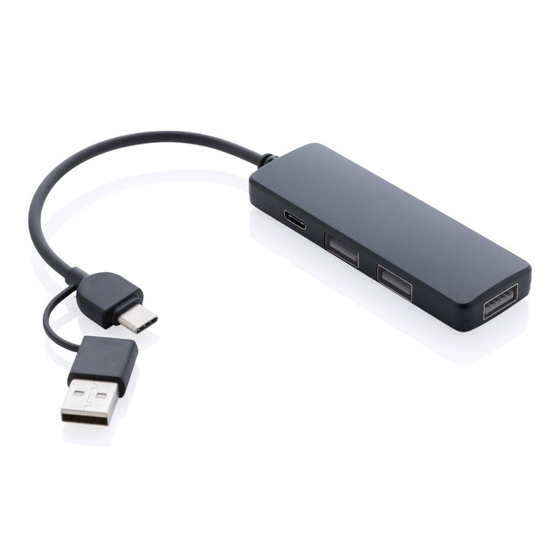 Load image into Gallery viewer, Recycled plastic USB hub by XD Collection with dual input for phones and tablets, shown connected to devices.