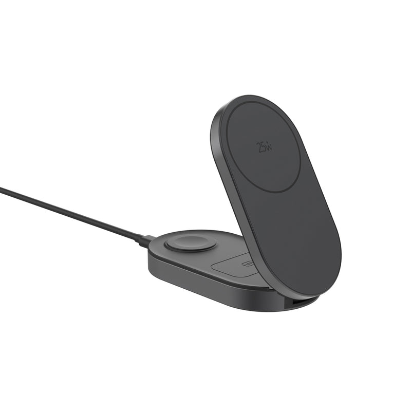 Load image into Gallery viewer, XD Xclusive Quantum ultra-fast 3-in-1 25W foldable wireless charger for phone and tablet, with sleek black design and foldable stand