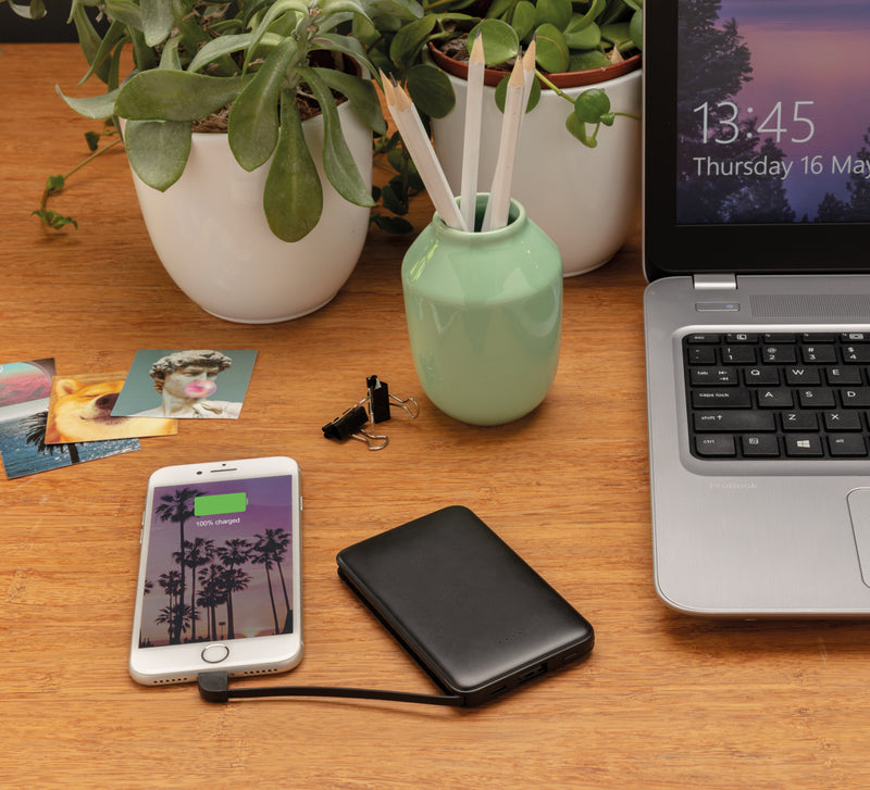Load image into Gallery viewer, XD Collection 5,000 mAh pocket powerbank with integrated cables, compact phone and tablet charging accessory.