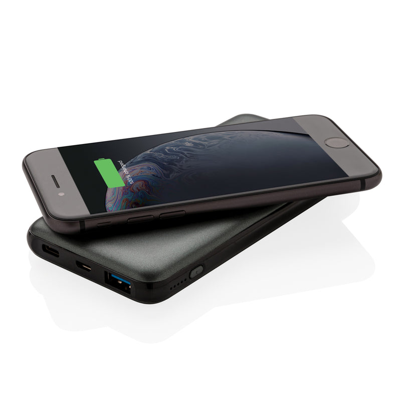 Load image into Gallery viewer, XD Collection 10,000 mAh wireless powerbank with fast charging and PD for phones and tablets, shown with charging ports and LED indicator.
