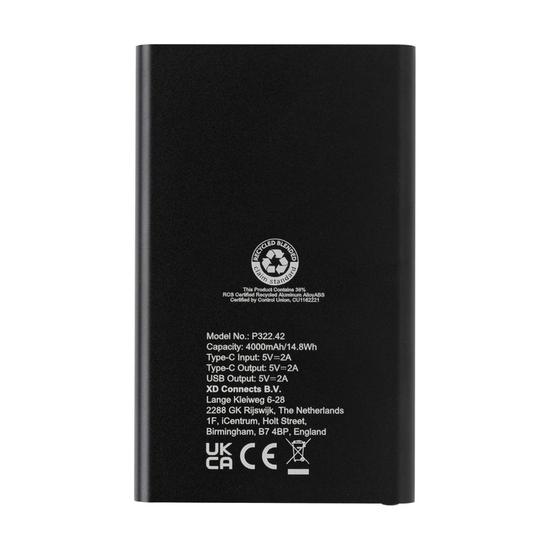 Load image into Gallery viewer, XD Collection RCS recycled plastic and aluminum 4000mAh powerbank with Type C port, suitable for phones and tablets.