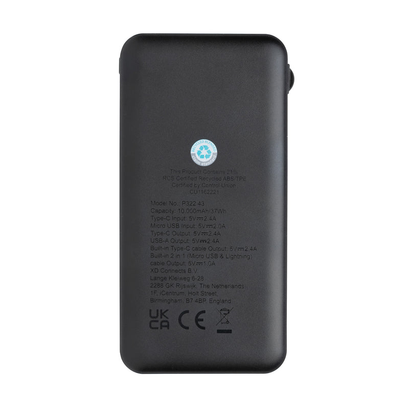 Load image into Gallery viewer, Lockhart RCS recycled plastic 10,000 mAh power bank with integrated cables from XD Collection, designed for phones and tablets.