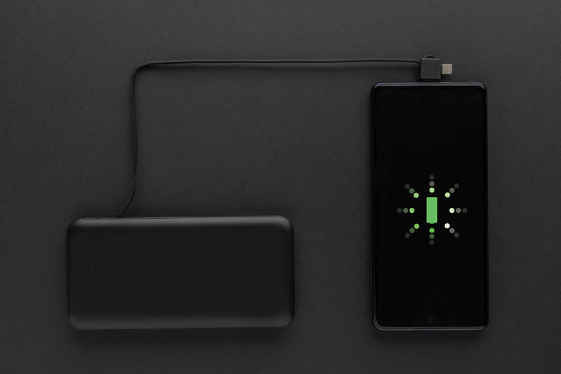 Load image into Gallery viewer, Lockhart RCS recycled plastic 10,000mAh power bank with integrated cables, XD Collection phone and tablet accessory in black.