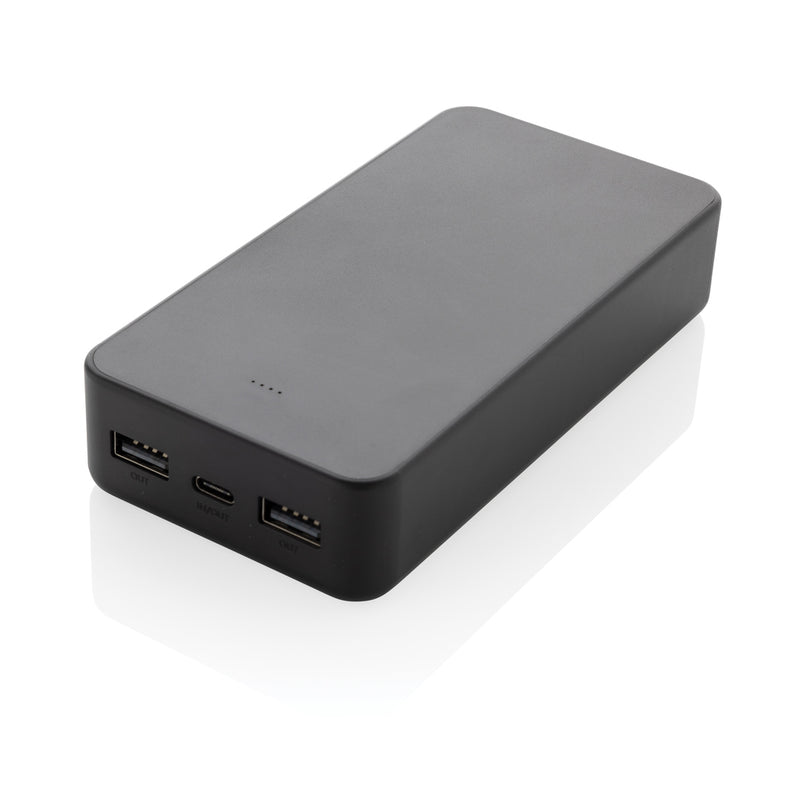 Load image into Gallery viewer, Boostcore RCS recycled plastic powerbank by XD Collection with 20,000mAh capacity, USB-C port, shown with charging cables and device.